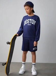 SHEIN 少年寬鬆運動和休閒字母印花短袖T恤和短褲套裝 - 寶藍色 - 查看 3