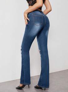 SHEIN EZwear Women Slant Pocket Ripped Flare Leg Jeans