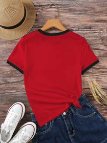 INAWLY 女式简约印花短袖休闲 T 恤图案 T 恤女式上衣 - 紅色 - 查看 2