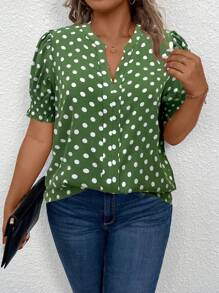 Plus Size Women's Polka Dot Printed Short Puff Sleeve Loose Blouse With Notched Neckline, Spring/Summer - Green - View 3