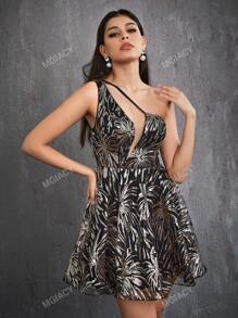 Mgiacy One Shoulder Asymmetrical V-Neck Gorgeous Sequins Sexy Party Skater Dress