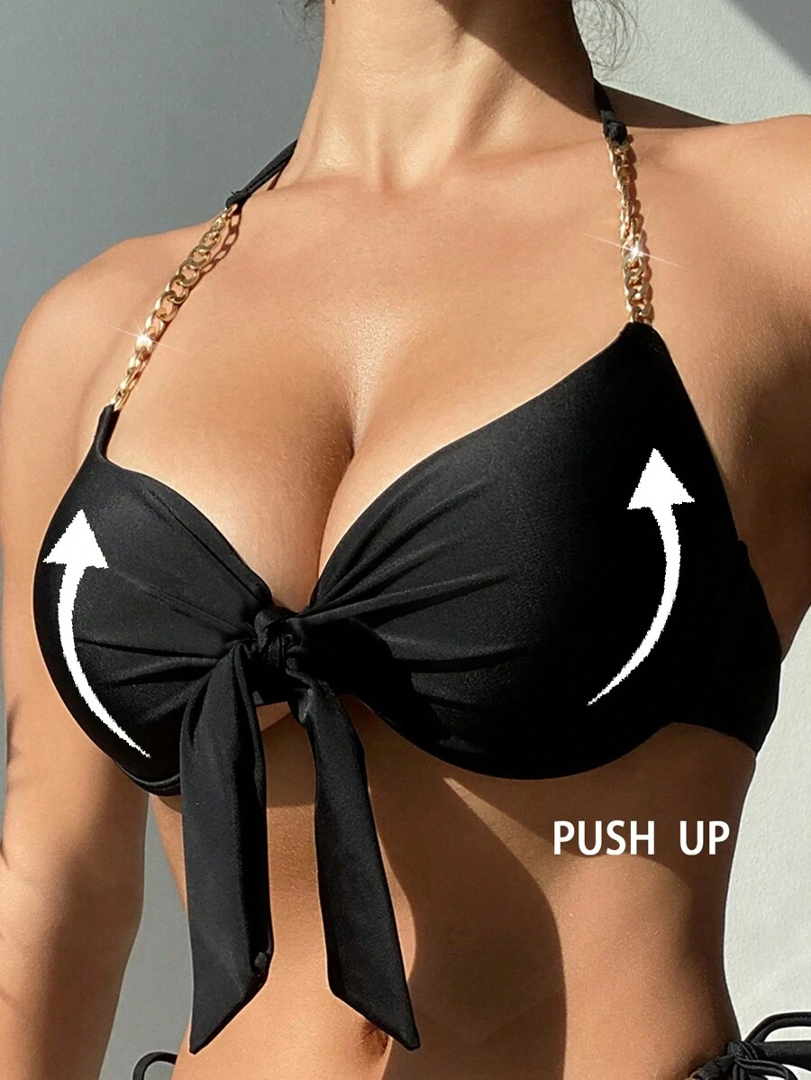 Swim Lushoire 女式夏季性感带钢圈比基尼上衣 - 黑色 - 查看 1