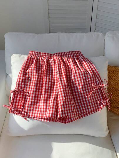 Comfortcana Red Plaid Woven Women's Side Lace-Up Shorts Valentine's Day