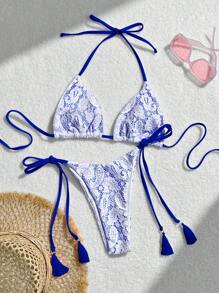 SHEIN Swim Women's Summer Beach Paisley Lace Halter Neck Tie Sexy Bikini Set - Royal Blue - View 1