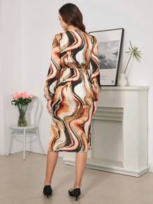 SHEIN Clasi Vestido de satén de manga larga con escote en V para mujer con elegante y romántico dobladillo de burbuja y estampado de ondas con patrón de mármol, adecuado para fiestas, citas y uso diario en primavera, otoño e invierno.