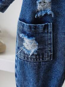 SHEIN Playful Pals Baby Boy Cartoon Embroidery Ripped Shirt Jumpsuit - Blue - View 5