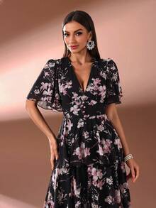 女士 V 领泡泡袖全印花开衩荷叶边下摆优雅晚礼服 - 黑色 - 查看 4