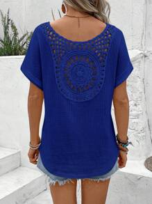 SHEIN VCAY Camiseta informal de verano para mujer de manga murciélago con cuello en V y diseño unicolor calado - Azul - Ver 5