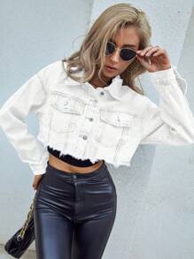 SHEIN ICON Button Front Collared Long Sleeve Short Denim Jacket, Casual Daily Wear - White - View 4