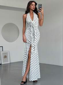 Aloruh New Elegant Heavy Handmade Twist Flower 3D Floral Decoration Sexy Deep V-Neck Backless Waist-Hugging Mermaid Red Cocktail Dress For Date Night,Polka Dot Dress - Black and White - View 10