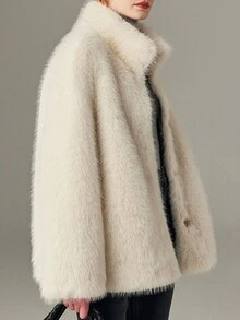 Solid Drop Shoulder Fuzzy Coat For Winter Dailywear - Beige - View 5