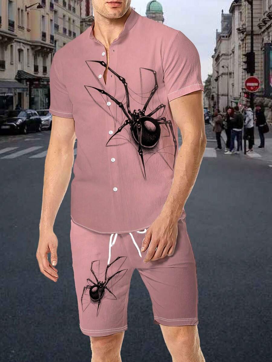 Men's Casual Comfortable Simple Spider Pattern Shirt Set - Multicolor - View 1