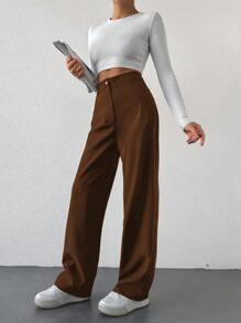 SHEIN Cottnline 女裝純色休閒日常搭配西裝褲 - 棕色 - 查看 5