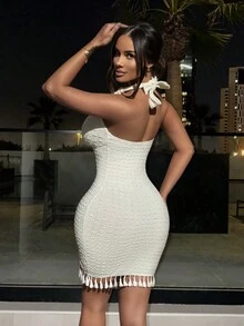 VaVaBold 女士夏季純色針織紋理穗 fringe 長頸套裙 - 杏色 - 查看 2