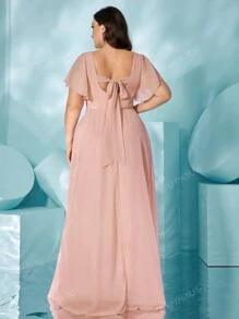UNITHORSE Plus Size V-Neck Flounce Sleeve Chiffon Dress With Back Bow Tie, Elegant And Stylish, Split Design For Elongating Legs, Graceful And Dynamic Evening Dress Bridesmaid Dress