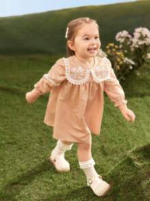 SHEIN Baby Girls' Peter Pan Collar Dress - Brown - View 1