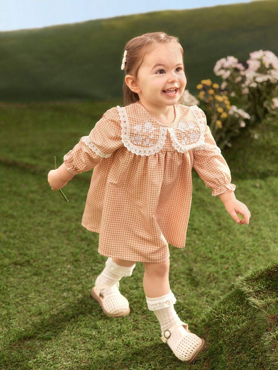 SHEIN Baby Girls' Peter Pan Collar Dress - Brown - View 1