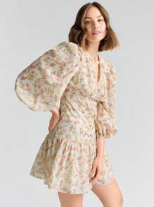 Enchnt Váy xòe viền tay in hoa Ditsy - Màu vàng - Xem 7