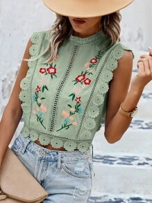 SHEIN LUNE Chemisier en dentelle de guipure avec broderie florale - Vert olive - Voir 3