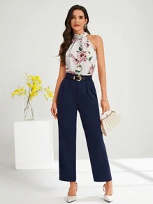 SHEIN Clasi Solid Slant Pocket Suit Pants Without Belt In Fall/Winter - Navy Blue - View 10