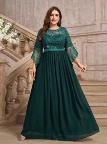 SHEIN Belle Plus Size Dark Green Beaded Sequin Ruffled Sleeve Chiffon Dress, Elegant & Graceful For Formal Occasions - Dark Green - View 3