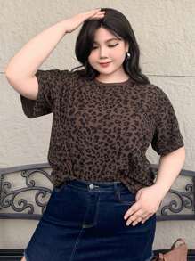 Dazy Plus Áo thun tay ngắn cổ tròn in họa tiết da báo cỡ lớn mùa hè - màu nâu - Xem 7