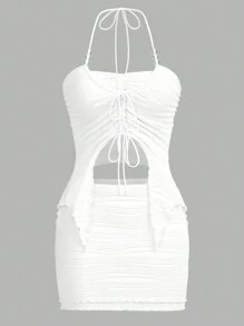 SHEIN ICON Y2K夏日性感白色紋理，串珠肩帶不對稱下擺吊帶背心和低腰迷你裙套裝 - 白色 - 查看 1