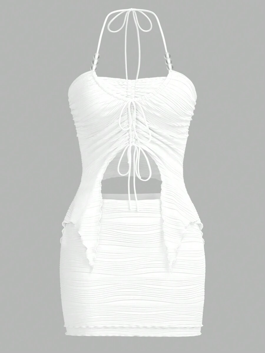 SHEIN ICON Y2K夏日性感白色紋理，串珠肩帶不對稱下擺吊帶背心和低腰迷你裙套裝 - 白色 - 查看 1