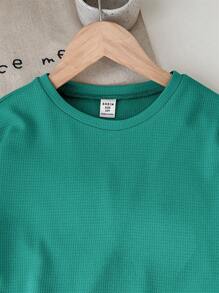 SHEIN LMoss Kids 青少女純色針織短袖上衣及寬鬆短褲休閒2件套裝 - 綠色 - 查看 5