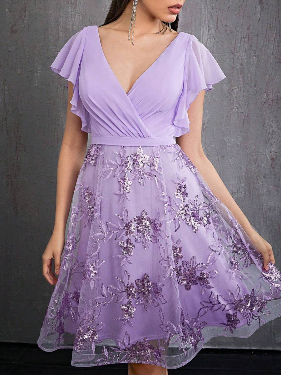 Magical V-Neck Pearl Chiffon Dress With Ruffled Sleeves, Beading, And Mesh Details - Purple - View 1