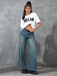 SHEIN EZwear 斜口口袋寬腳牛仔褲（無腰帶） - 中等水洗藍 - 查看 2