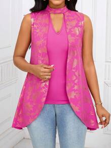 SHEIN Lady Women's Floral Jacquard Keyhole Neckline Asymmetrical Hem Blouse, Summer Elegant Party Pink Gold Sleeveless Top, Office Work Teacher Top - Hot Pink - View 5