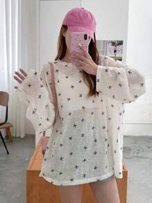 DAZY Bow Print Drop Shoulder Tee For Spring And Summer Sheer Long Sleeve Women Tops