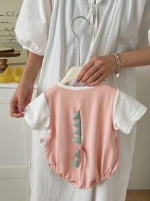 Baby Girl Short Sleeve Cute Monster Printed Bodysuit For Summer - Pink - View 2