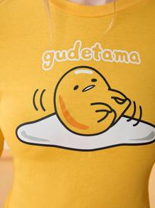 Gudetama X SHEIN 黃色緊身圓領長袖T恤，印有字母圖案，休閒風格 - 黃色 - 查看 4