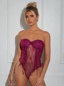 SHEIN Unity 透視蕾絲連身衣，附蕾絲綁帶細節 - 中紫紅色 - 查看 3