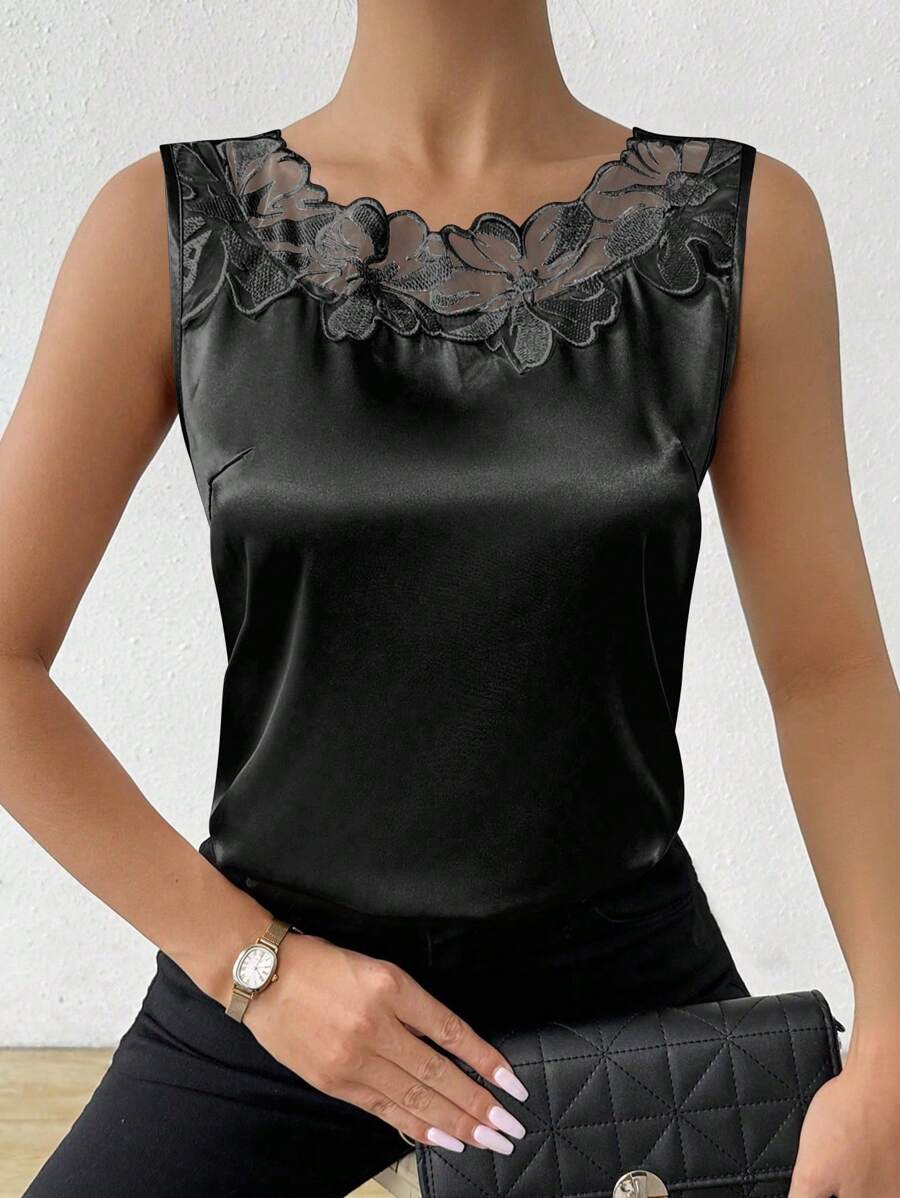 EMERY ROSE 女士无袖钱布雷拼布蕾丝衬衫、无袖上衣 - 黑色 - 查看 1