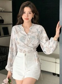 DAZY 花卉图案长袖裹身系带女式衬衫，长袖上衣，夏季度假装扮，复活节女装 - 米色 - 查看 3