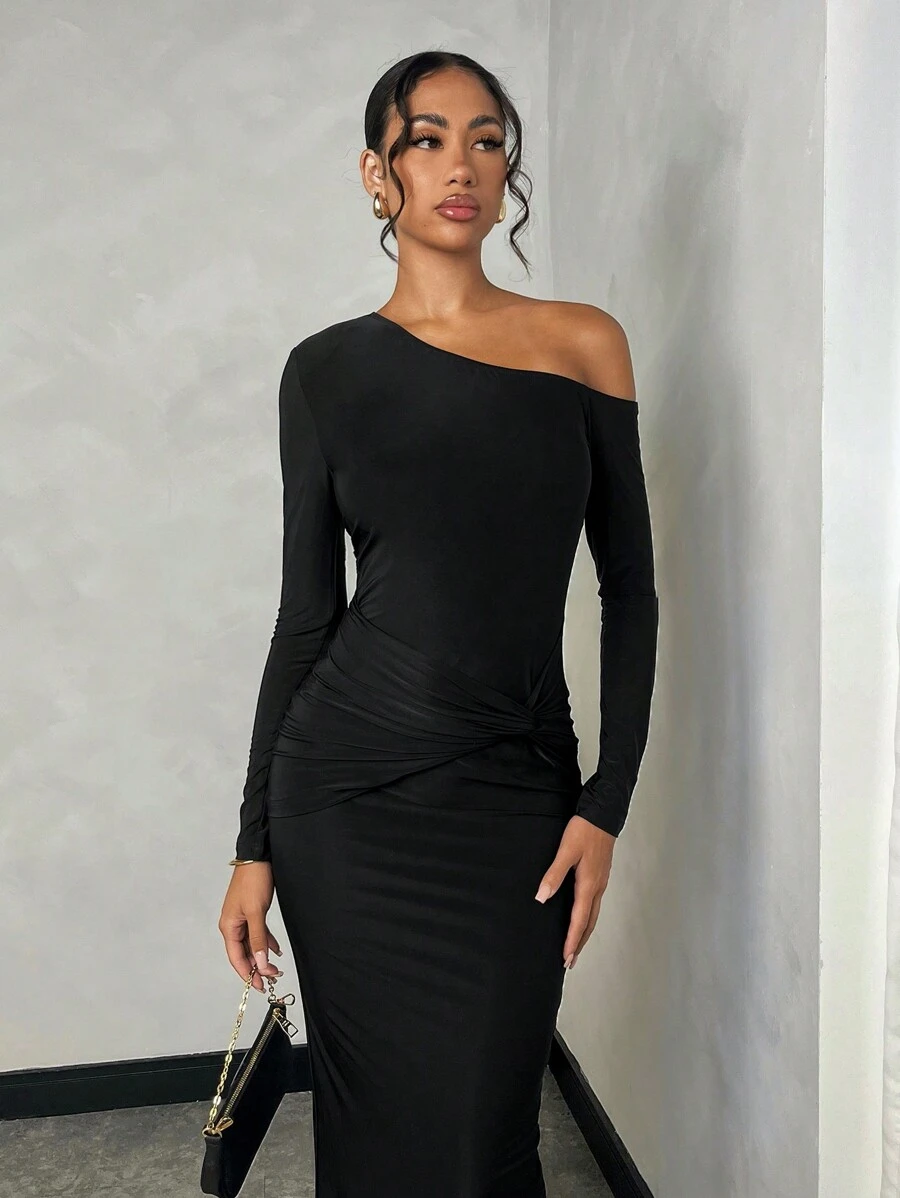 SHEIN BAE Women's Simple Versatile Romantic Date Casual Office Wear Asymmetric Twist Long Sleeve Solid Color Black Midi Dress For Return To School, Party