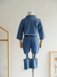 3 Stücke Baby Mädchen Lässig Fashionable weißes Weste Set mit modischer Kurzarm Denim Jacke und stilvollen abgeschnittenen Denim Hosen - Blau - Übersicht 2