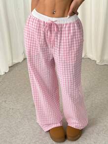 SHEIN EZwear 粉白色格子印花口袋休閒直筒褲 - 粉色 - 查看 5