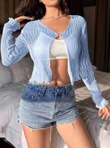 SHEIN Unity Áo len mỏng dài tay có viền xà lách trơn - Màu xanh bạc hà - Xem 3