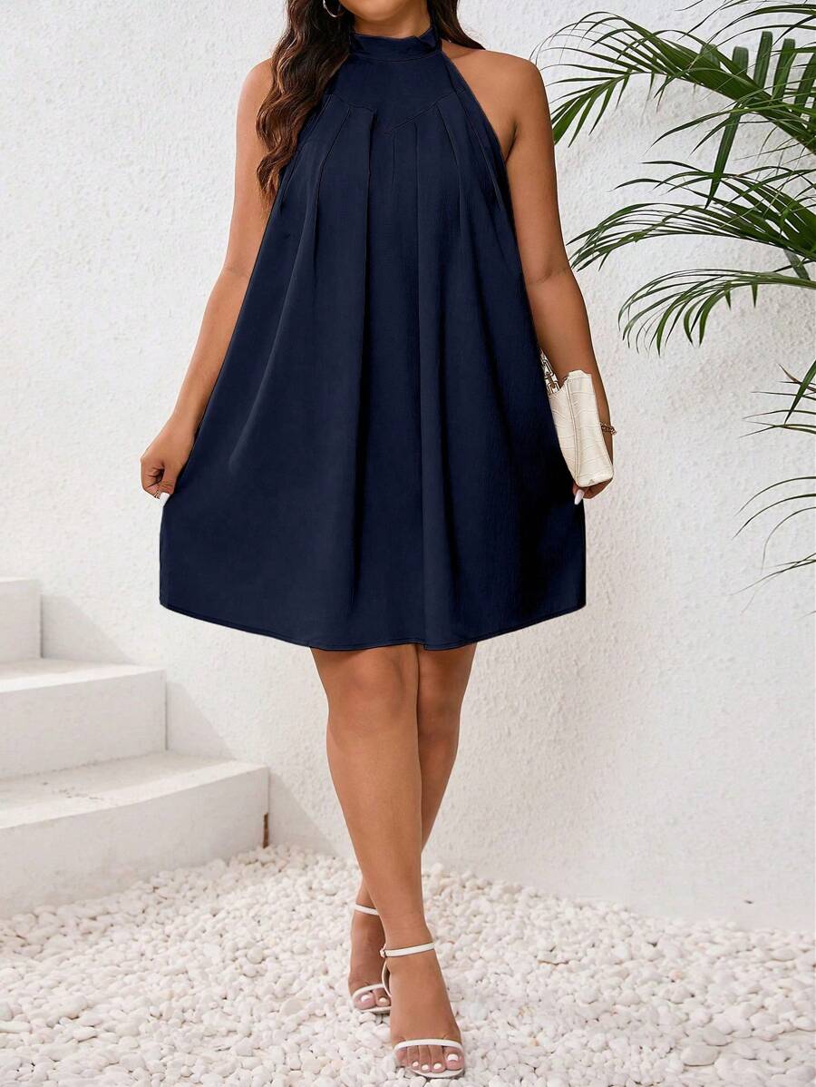 Celure Plus Size Women's Solid Color Simple Daily Halterneck Halterneck Dress - Navy Blue - View 1