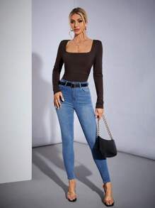 SHEIN Tall Knitted High Elastic Four-Way Stretch Women's Bodysuit - Brown - View 8