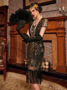1920s Vintage Flapper Dresses For Women Fringed Great Gatsby Dresses Roaring 20s Dress With Sleeve Elegant Prom Semi Formal Wedding Guest Dress, For Birthday, Graduation, Homecoming - Black - View 5