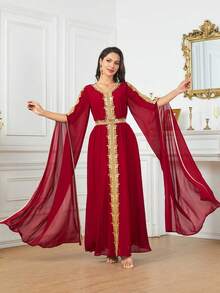 Long Sleeve V-Neck Tie-Beaded Lace Women's Arabian Kaftan Modest Dress - Red - View 8