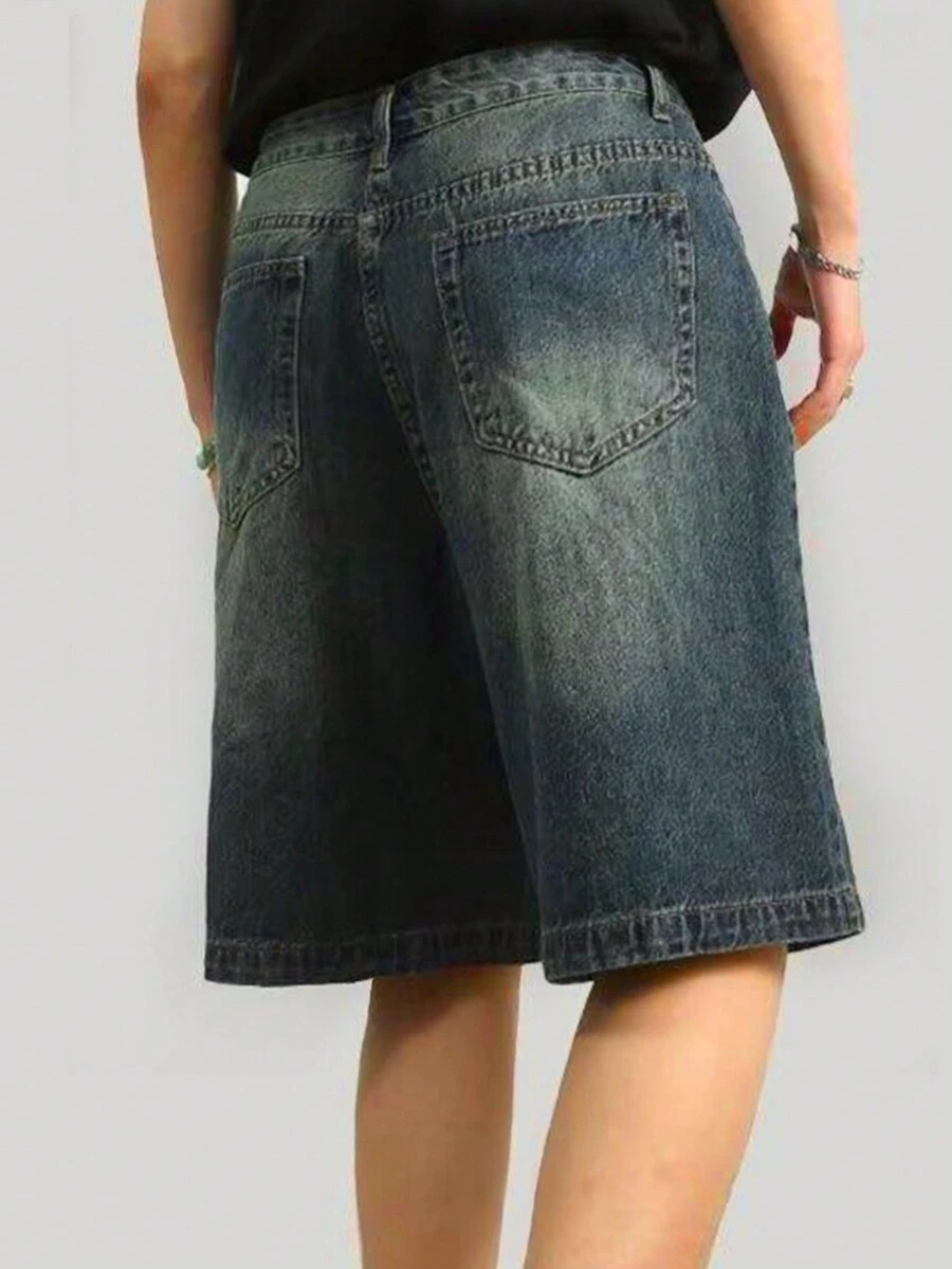 Y2K Street Vintage Rửa Sạch Túi Bất Đối Xứng Đường May Chi Tiết Râu Ống Rộng Bermuda Quần Jean Denim Jorts Quần Short - Màu xanh lam - Xem 1