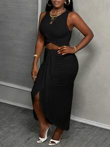 Slaydiva 新款修身中空腰部扭結長款假日/休閒連衣裙 - H - 黑色 - 查看 8