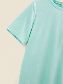 SHEIN Teens Boys' Contrast Color Pocket Soft Terry Crew Neck Loose Casual T-Shirt For Back To School Season - Green - View 3