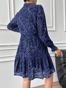 EURMUSE Zebra Striped Notched Neck Ruffle Hem Dress - Blue - View 2